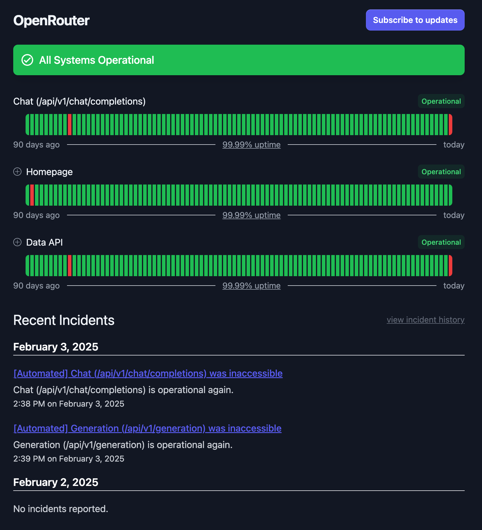 OpenRouter Status Page showing the service disruption that occurred
