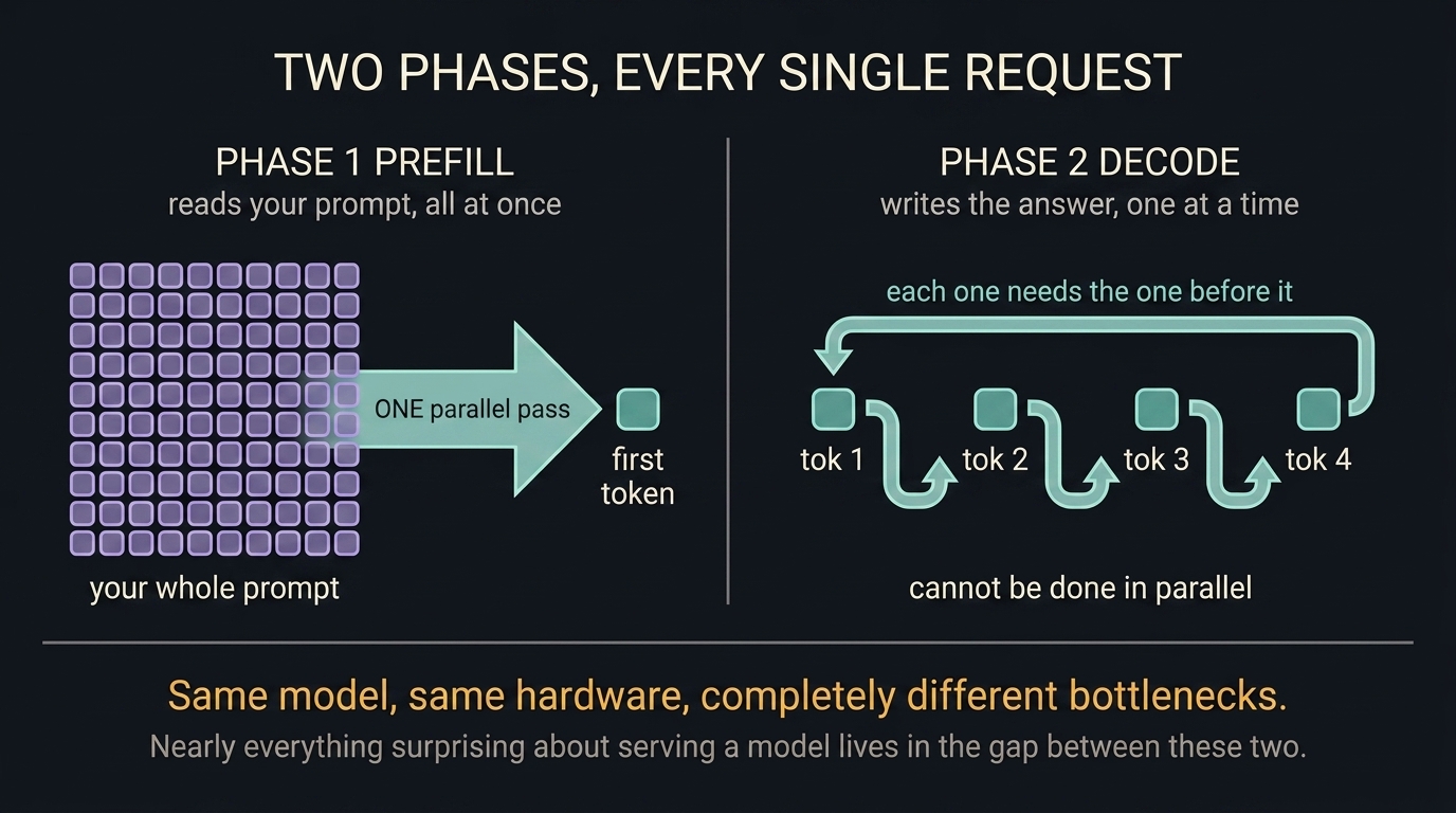 Phase one, prefill, reads the whole prompt in one parallel pass and produces the first token. Phase two, decode, writes the answer one token at a time, each one needing the one before it, so it cannot be done in parallel. Same model and same hardware, completely different bottlenecks.